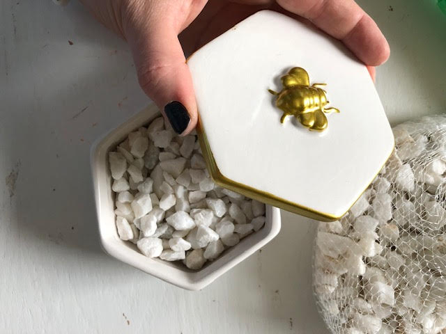 Dollar Tree white and gold ceramic container box with gold bee.